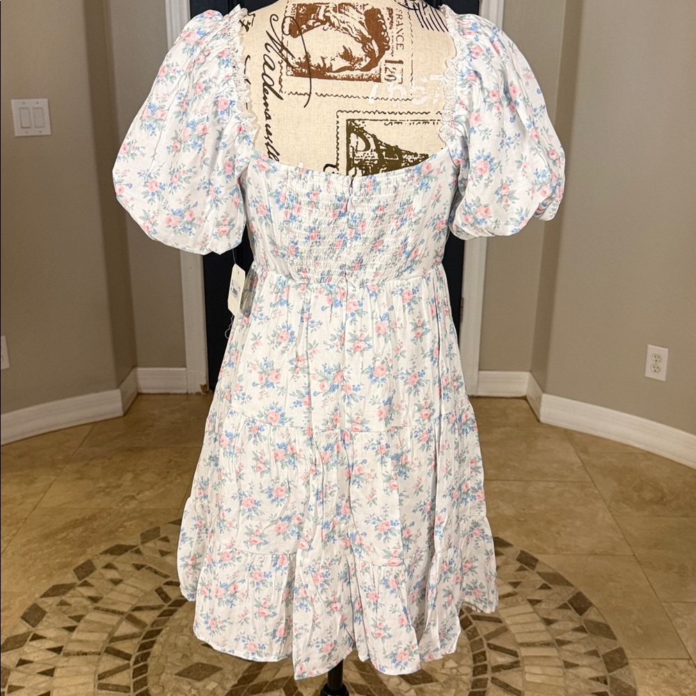 ALTARD STATE WHITE FLORAL BABY DOLL Puff Sleeve Dress MD - Picture 7 of 13